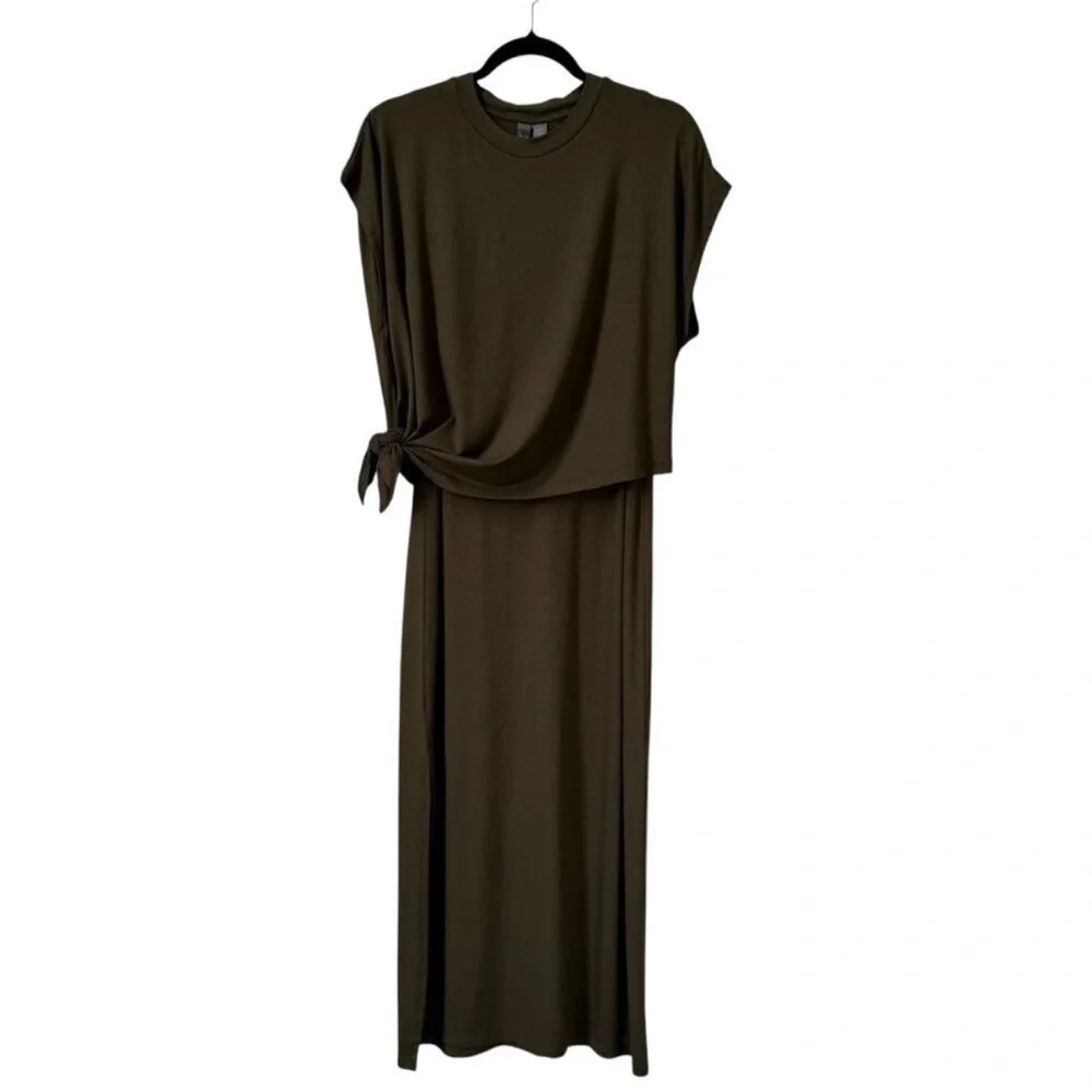 Sweaty Betty Layered Jersey Stretch Midi Olive Green Dress | Size Small - Picture 4 of 11